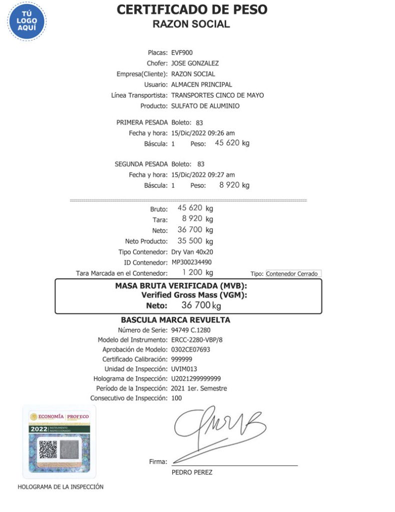 Certificado de Peso - Método 1