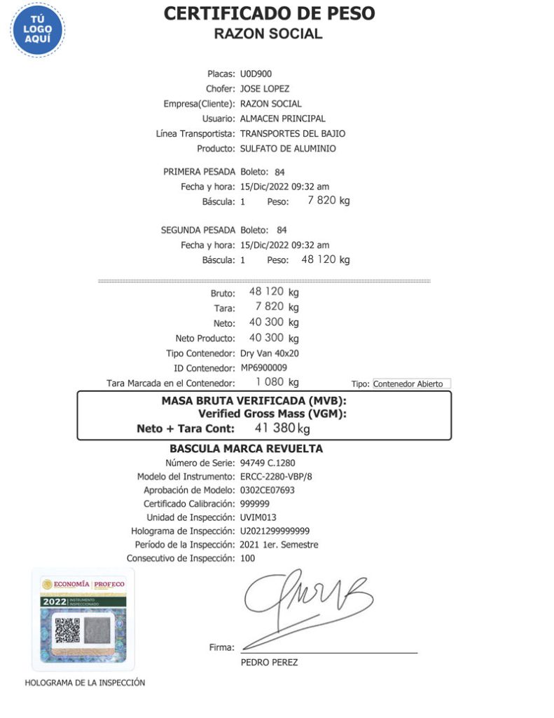 Certificado de Peso - Método 2
